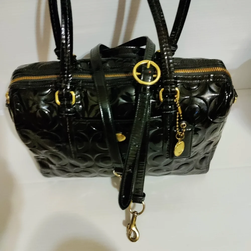 Coach Black Optic C Embossed Patent Leather Large Shoulder Crossbody Bag